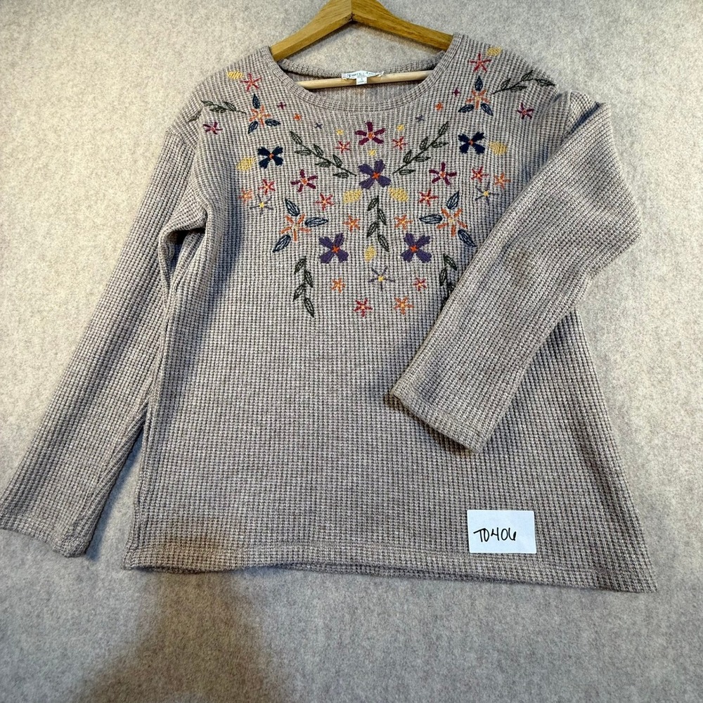 Grace &‎ Lace Floral Embroidered Waffle Knit Thermal Top Tan Womens Small